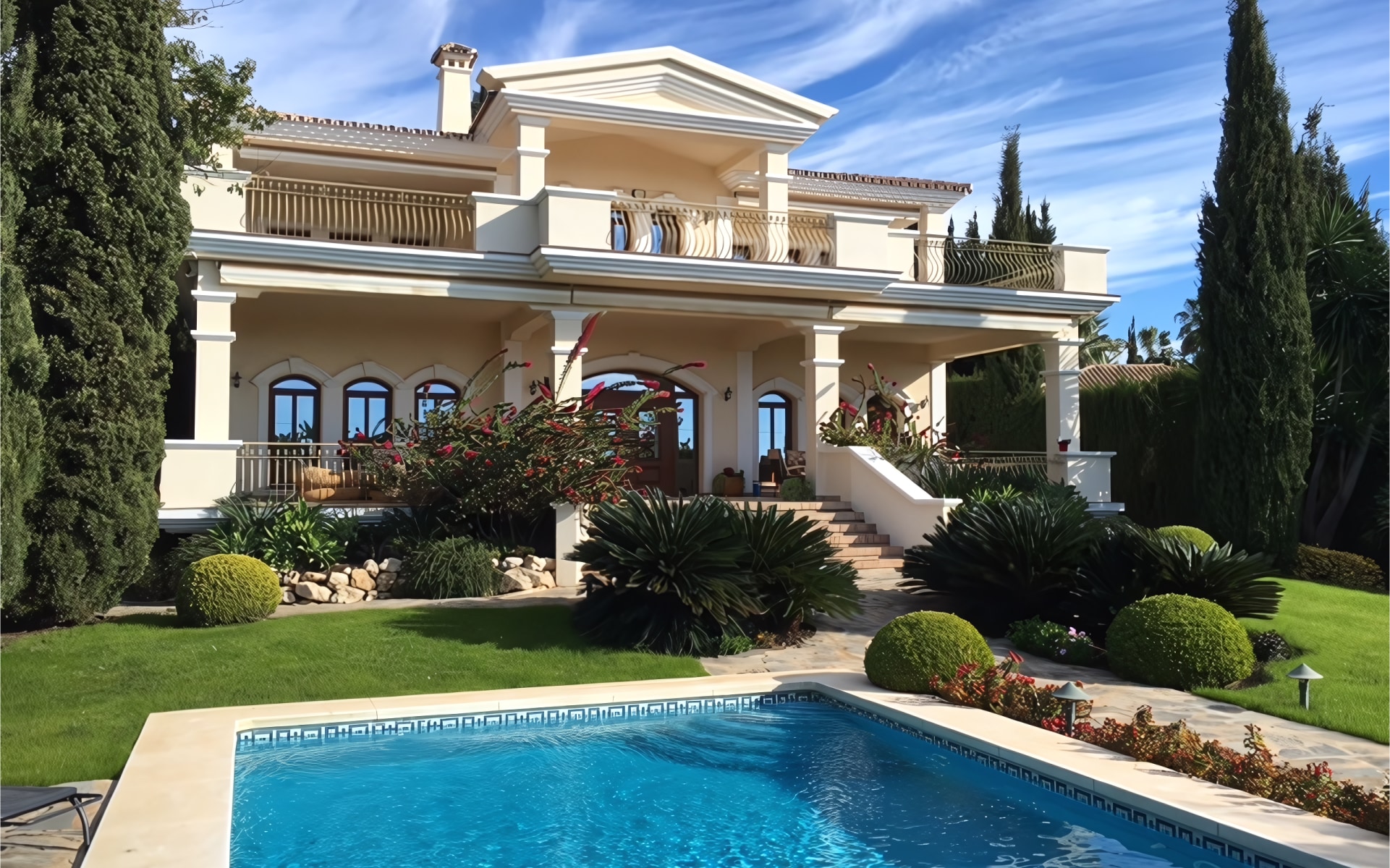 Captivating pool feature surrounded by greenery in Sierra Blanca garden.